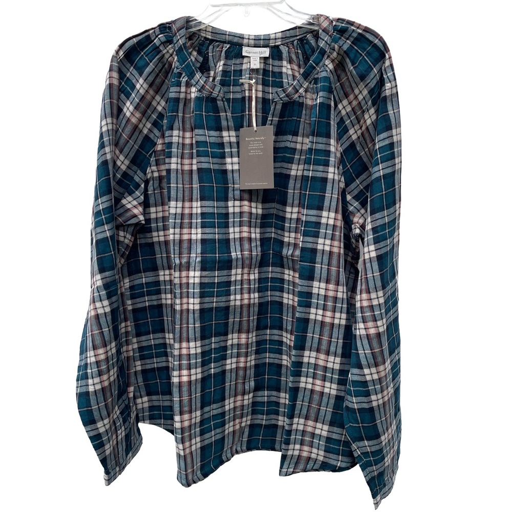 Garnet Hill - Plaid V-Neck Popover Womens Shirt- L - XL -100% Organic Cotton - Picture 2 of 12